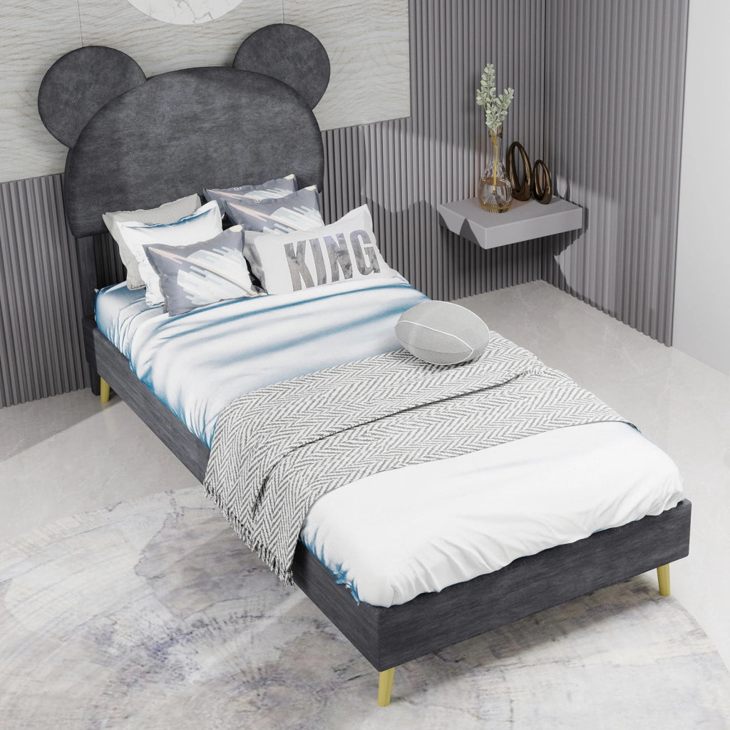 Letto Singolo 90x200 cm; Contenitore con Testiera Sagomata; in Tessuto e Metallo; Grigio