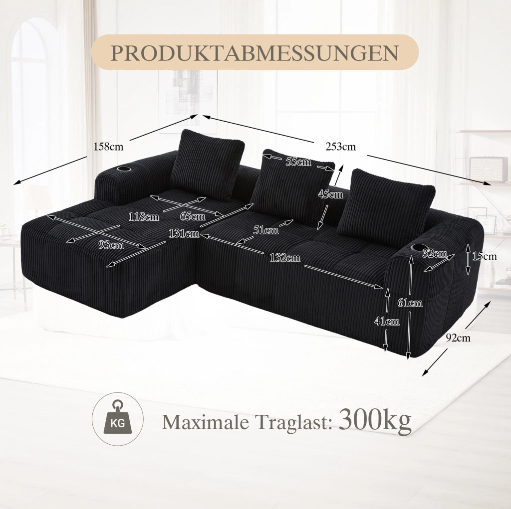 Divano 253x158x61 cm modulare DIY con tasche laterali e portabicchieri in tessuto cord nero