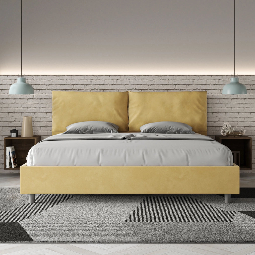 BS COM Letto matrimoniale king size con rete imbottito 200x200 microfibra ocra
