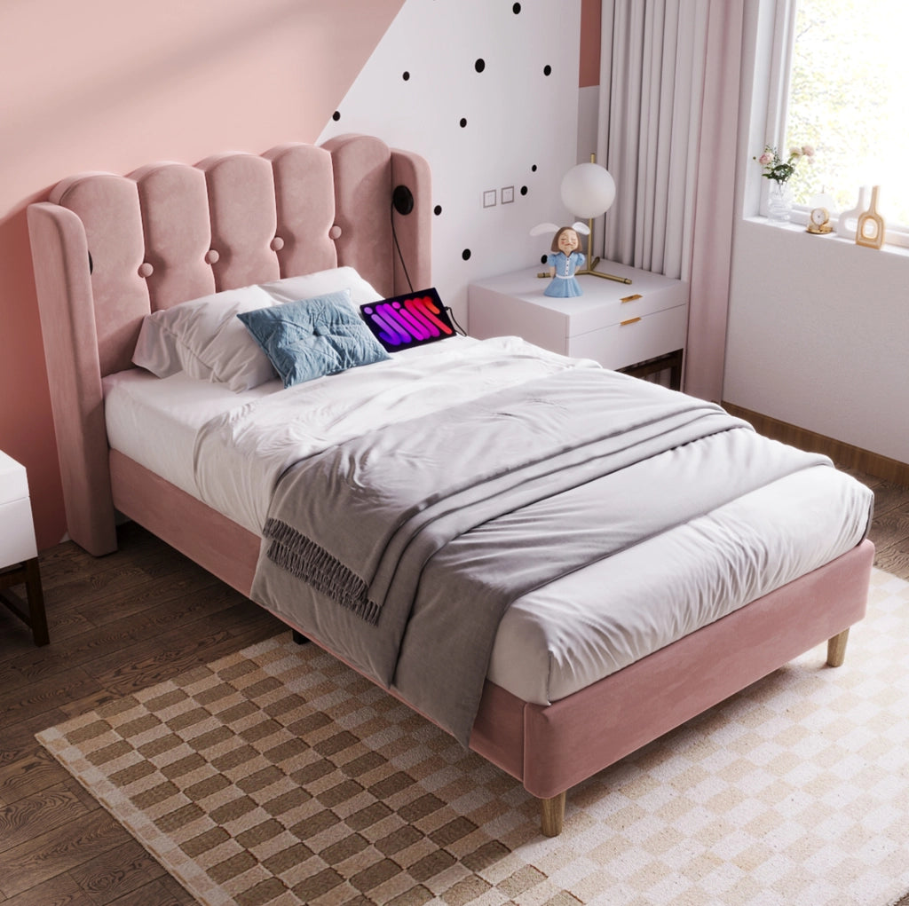 Letto singolo imbottito 90x200 cm in velluto rosa con porta USB e Type-C