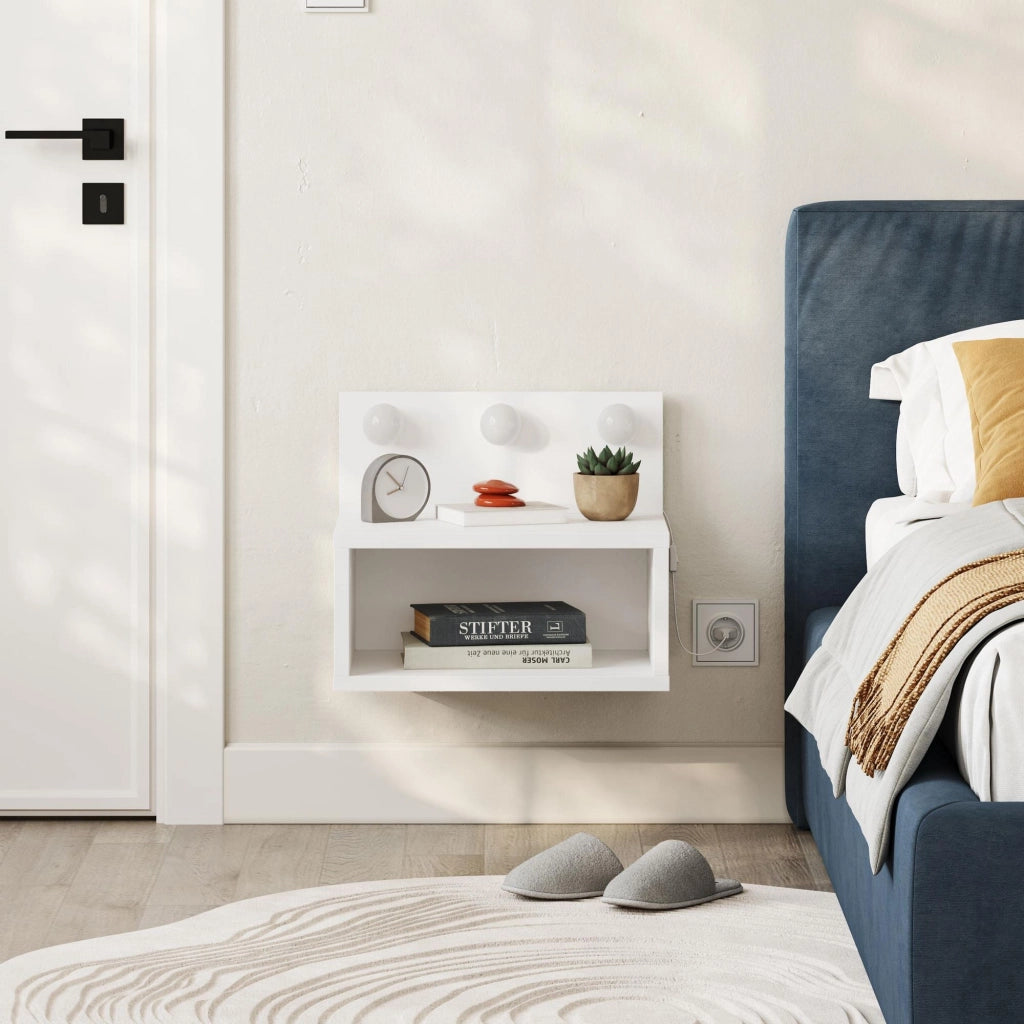 Comodino "Treo" con lampadina in legno - 40 x 30 x 34 cm - Bianco