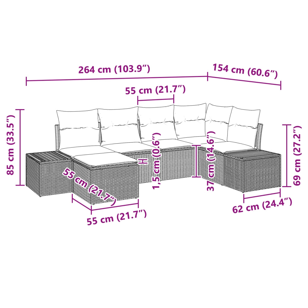 Set Divani Giardino 6 Pezzi con Cuscini Marrone Polyrattan