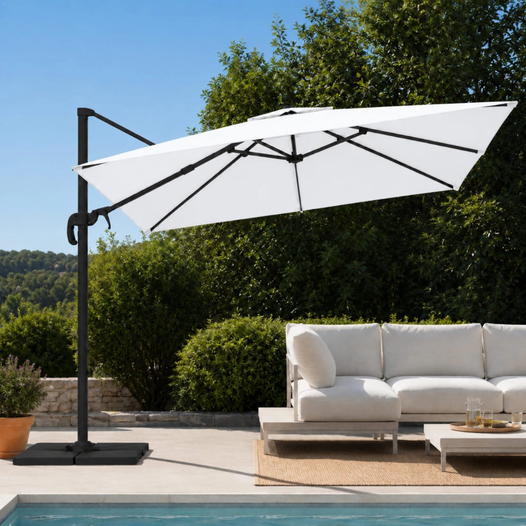 Ombrellone 3X3 M Giardino Braccio Retrattile Per Esterni Piscina Terrazze Gazebo Bar Hotel In Acciaio Inossidabile Braccio Rotabile 360° Telo 180 G M2 Impermeabile Resistente Ai Raggi UV Bianco