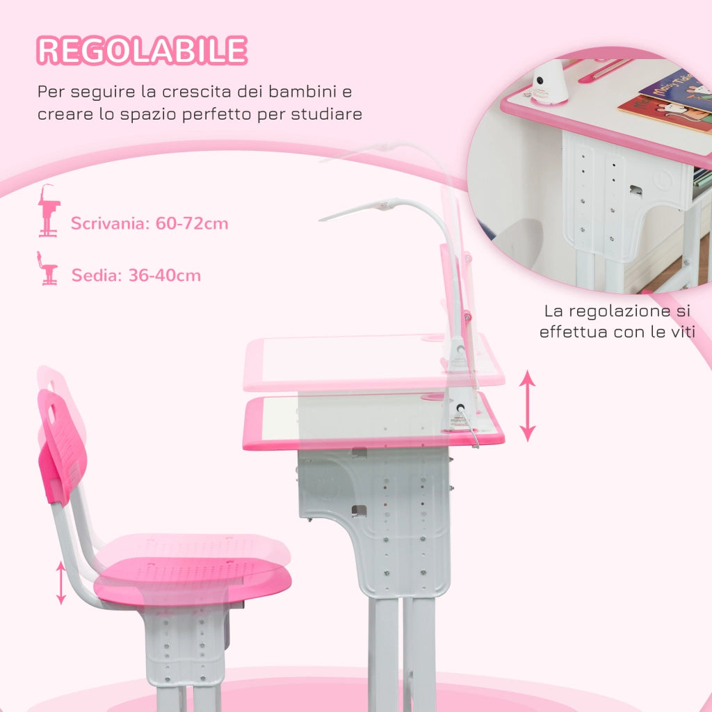EasyComfort Set Scrivania e Sedia per Bambini 6-12 Anni ad Altezza Regolabili, Banco Scuola con Lampada, Cassetto, Gancio, Portapenne e Leggio, Set Banco con Sedia per Bambini in Acciaio e MDF, Rosa
