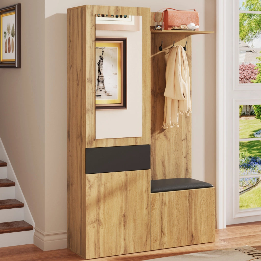 Mobile ingresso con specchio; 5 ganci; panca e scarpiera 98;5x38x191 cm; MDF nero e naturale
