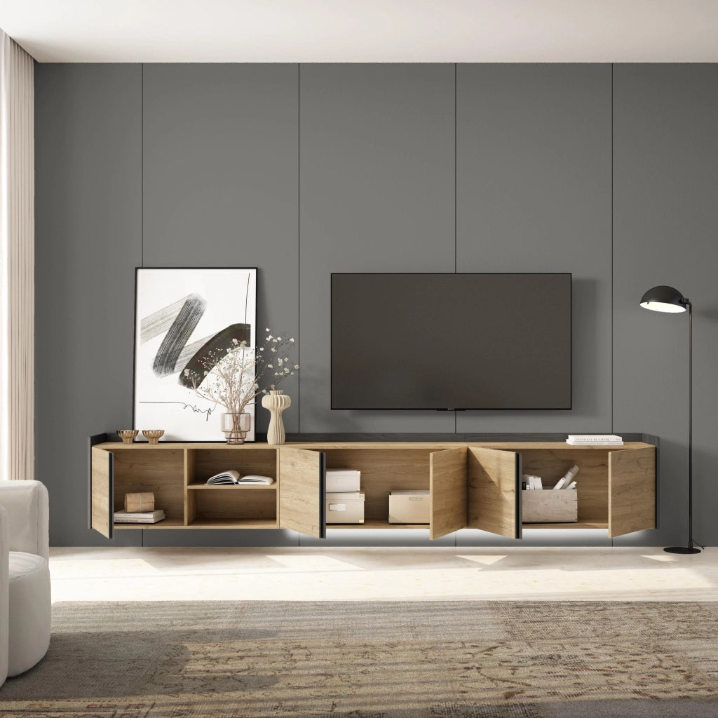 Mobile TV Soggiorno, 309x50x35 cm, Per TV fino a 80", Sospeso, da appendere, LED, Rovere e nero