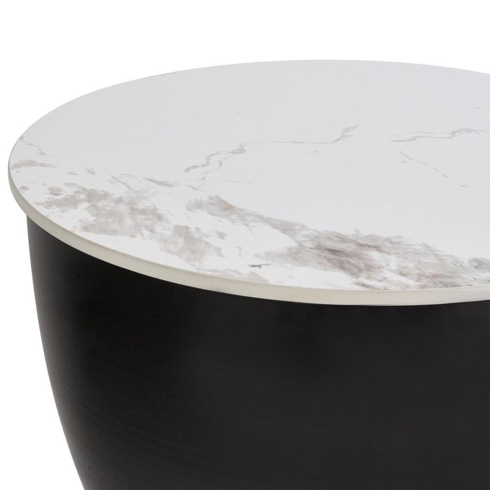Tavolino Bianco Piano in pietra sinterizzata Base in metallo nero ø 48 cm oro con contenitore Soggiorno design moderno
