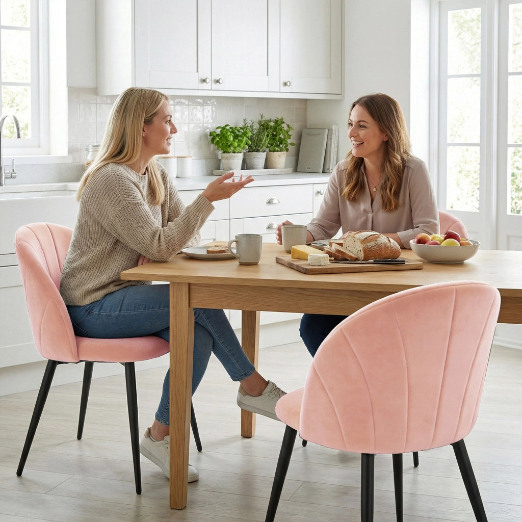Set 2 Sedie da Pranzo Imbottite 52x55x79 cm con Schienale a Conchiglia in Velluto Rosa