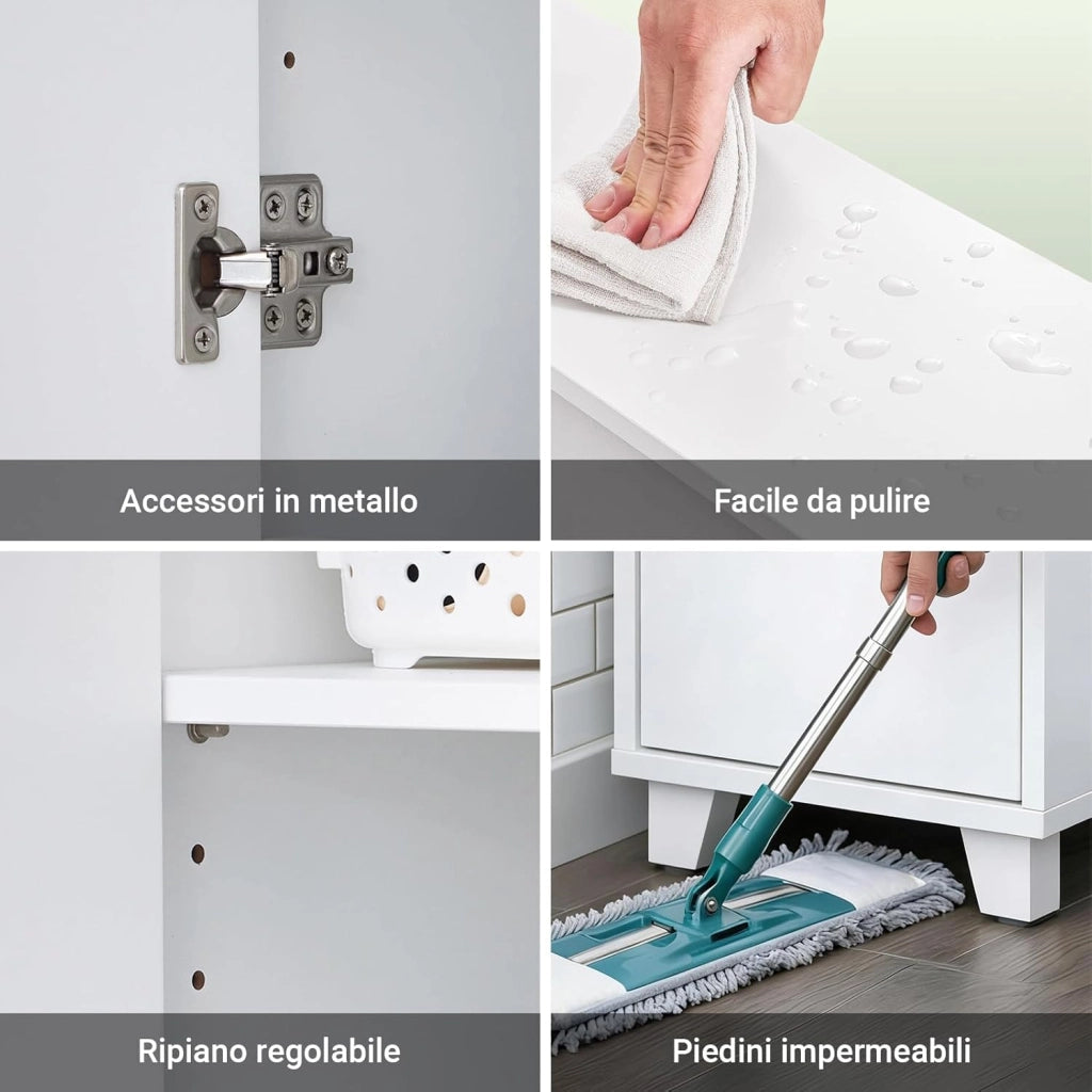 Mobile Bagno Alto e Stretto – Armadietto Salvaspazio con Ripiani Aperti e Ante – Mobiletto Bagno Bianco in MDF/PB, 30x170x30 cm, Modello BZR147-W