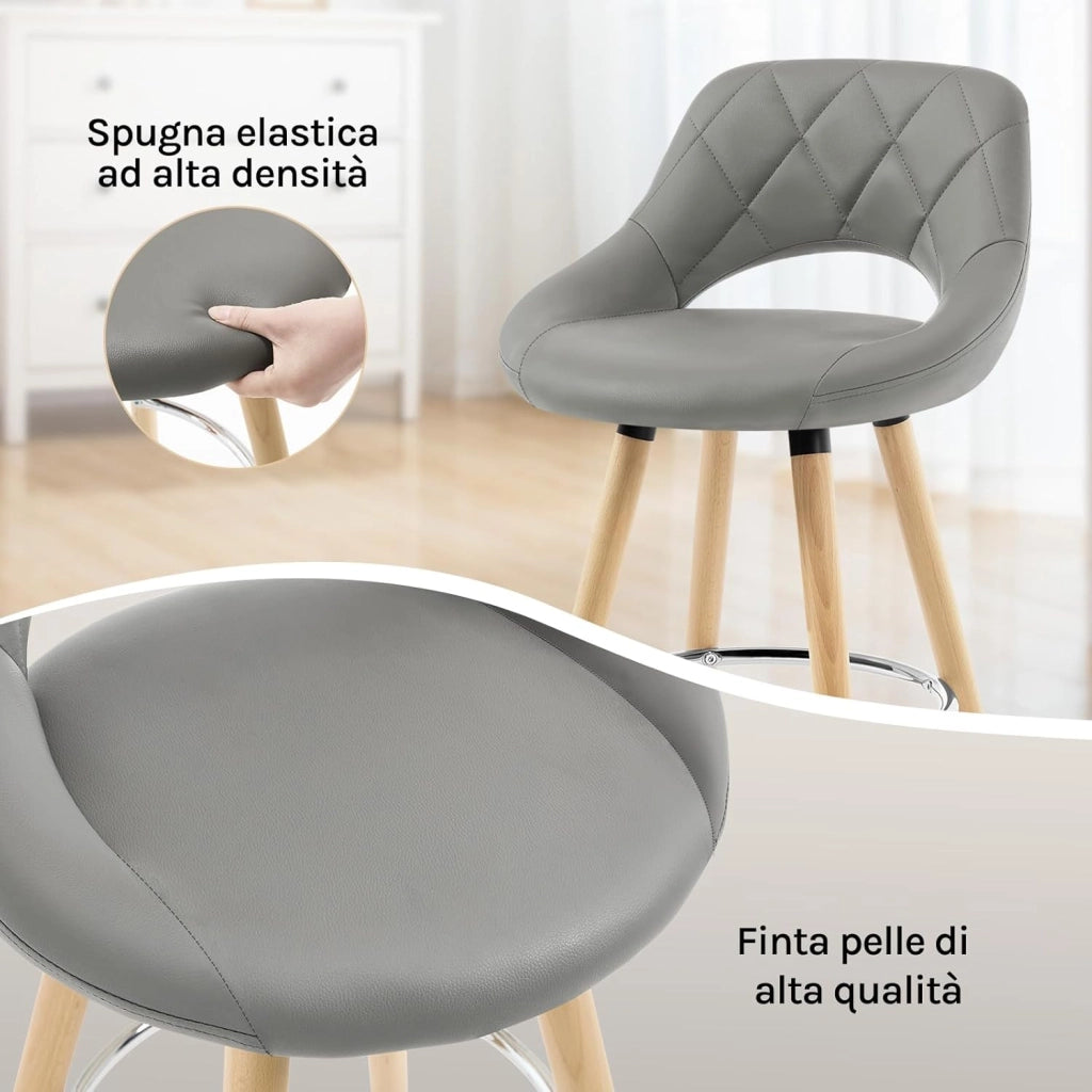 Sgabelli da Cucina Set di 6, Sgabello da Bar per Colazione, Sgabelli Alti con Poggiapiedi e Schienale, Sedile in Pelle Sintetica+Gambe in Legno, Grigio, BH111gr-6