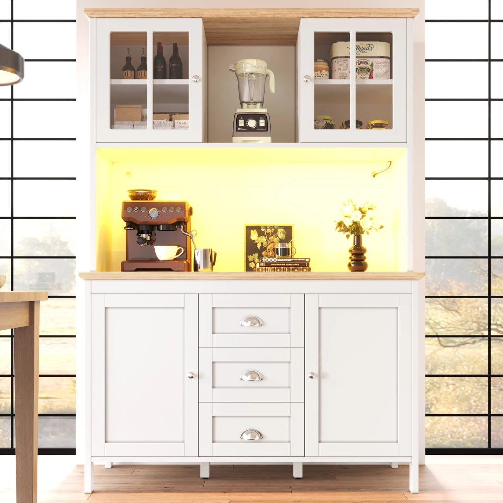 Credenza Alta da Cucina con 4 Ante 3 Cassetti 1 Vano Aperto e LED per Cucina in MDF 120 x 40 x 179 cm Bianco