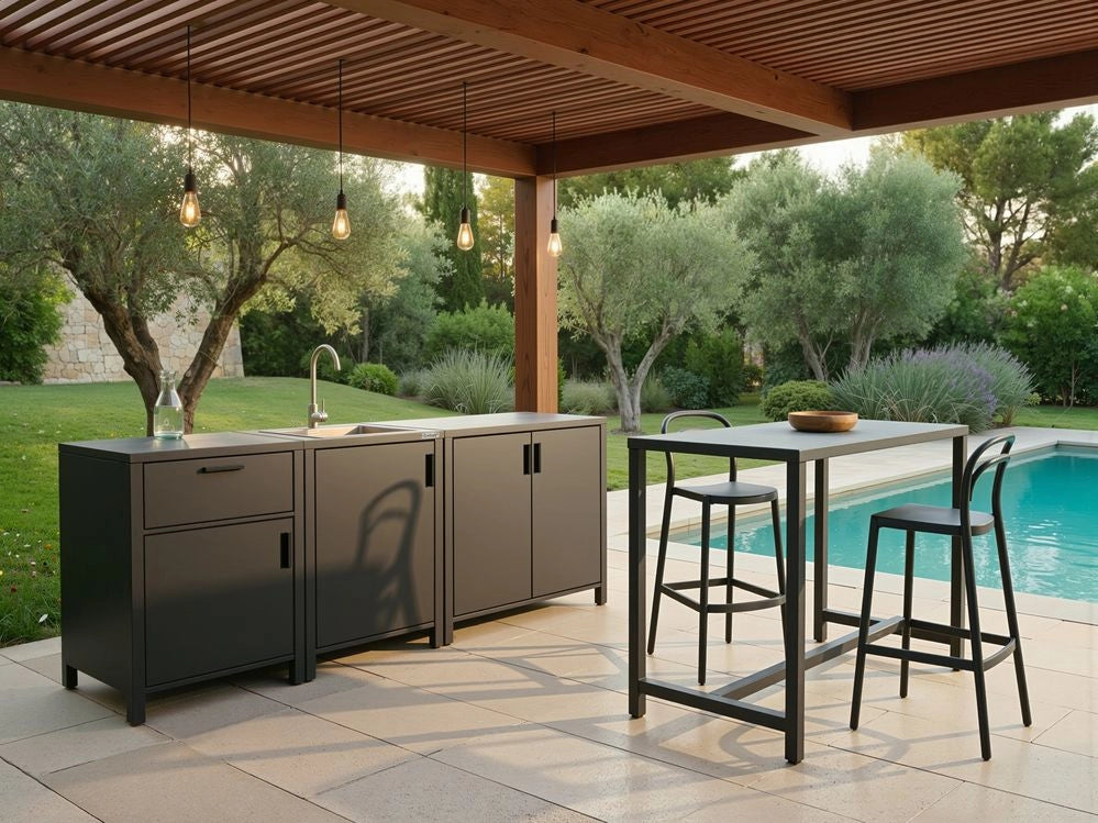 Set cucina da esterno Armadio in alluminio verniciato a polvere grigio grafite con lavello Tavolo 305 x 60 x 90 cm Cucina da giardino
