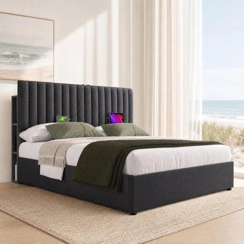 LETTO Contenitore 160x200 cm in Lino Grigio con Testiera LED USB e Type-C