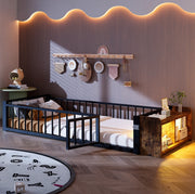 Letto singolo 90x200 cm in metallo e MDF; nero; con sponda di sicurezza; ripiano e LED