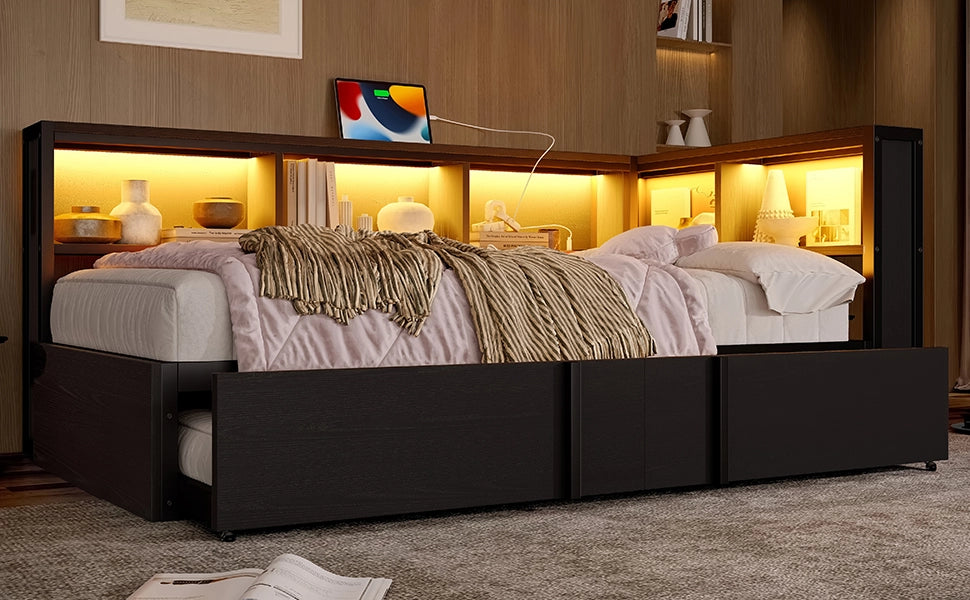 Divano letto in metallo 90x200 nero con secondo letto estraibile, armadietti, illuminazione LED e prese USB