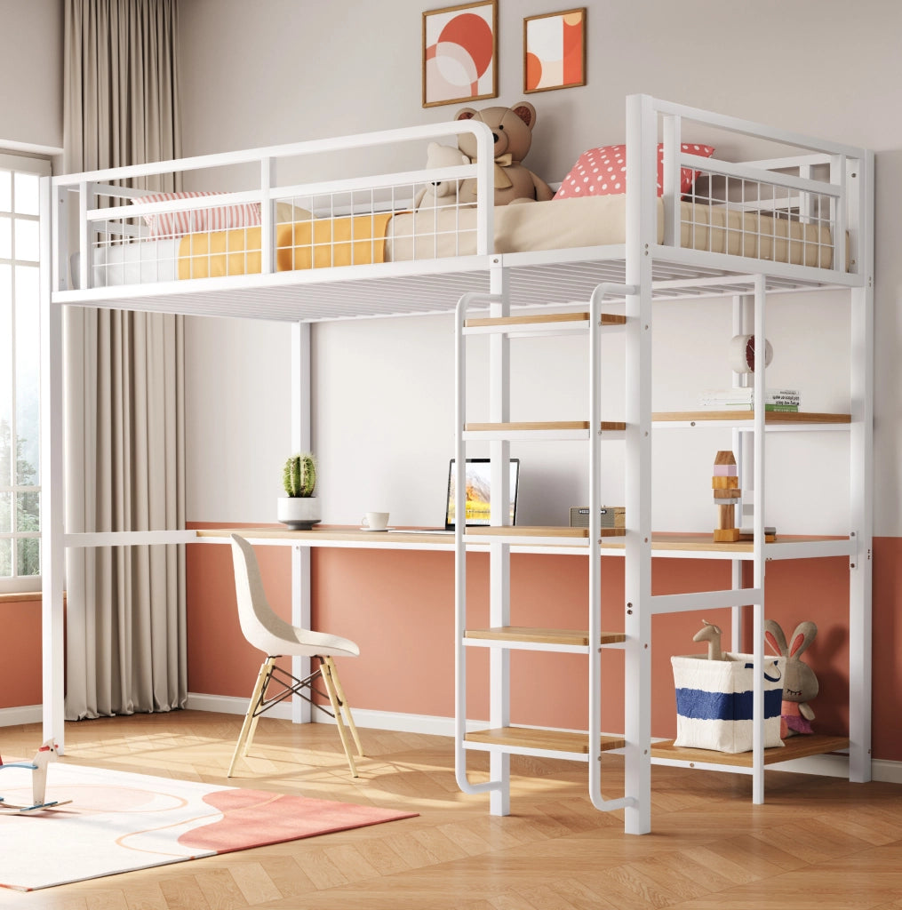 Letto a soppalco 90x200 cm con scrivania e ripiani in metallo bianco