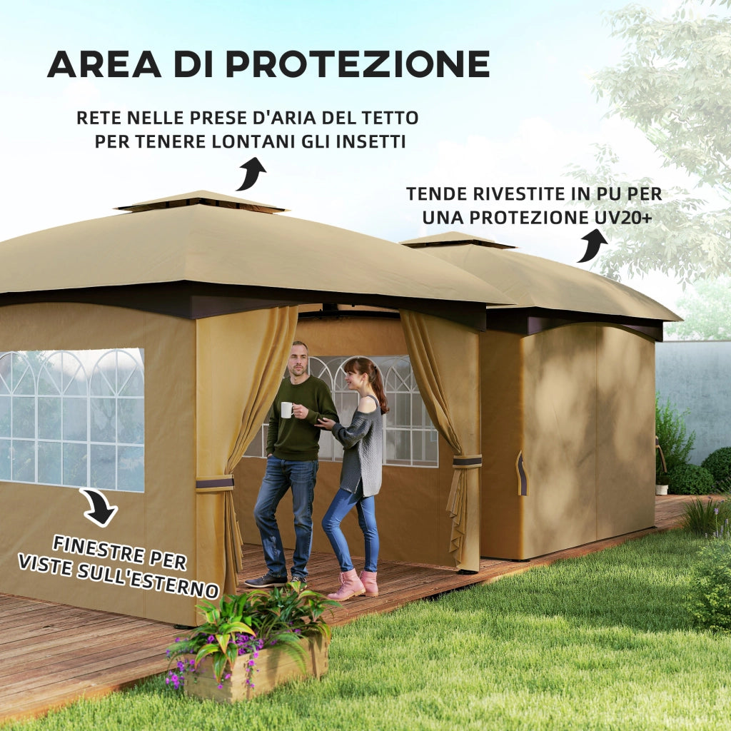 Gazebo da Giardino 3.4x3.4m con Pareti, Protezione UV e Tetto a 2 Livelli, Beige