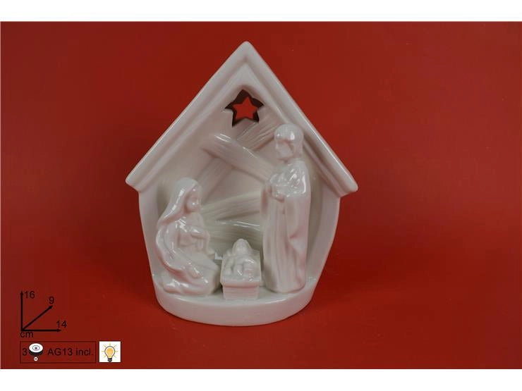 Decorazione Natale Presepe Natività in Ceramica Sacra Famiglia con Luce 16 cm