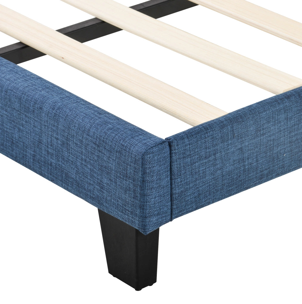 Letto singolo 90x200 cm con testiera imbottita e rete a doghe; lino blu