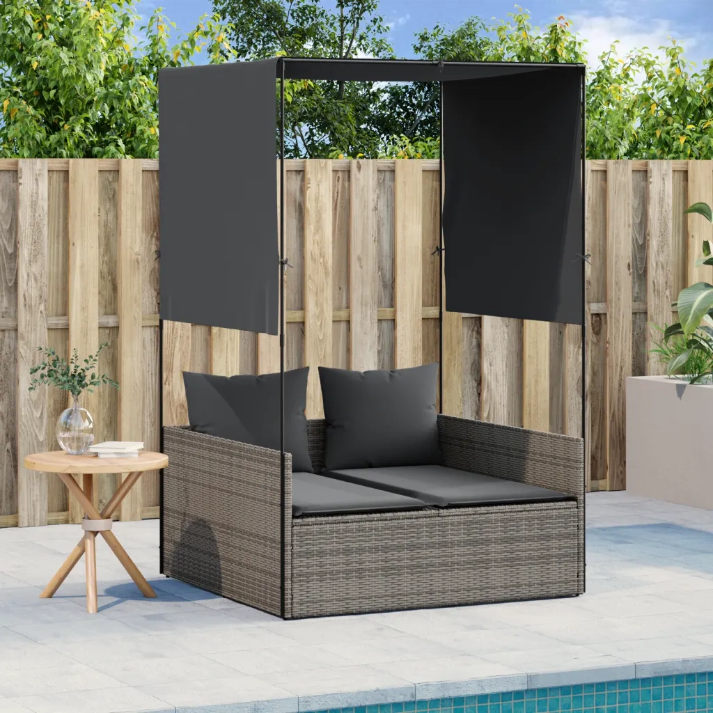 Lettino Prendisole | Sdraio da giardino | Lettino da sole Doppio Tetto e Tende Grigio in Polyrattan