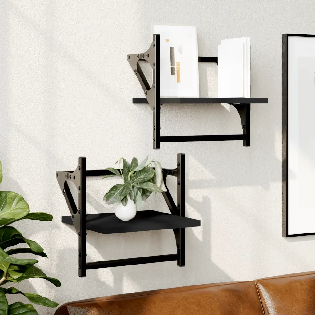 2 pz Mensole da Parete | Scaffali a Parete | Ripiano a parete con Aste Nere 30x25x30 cm