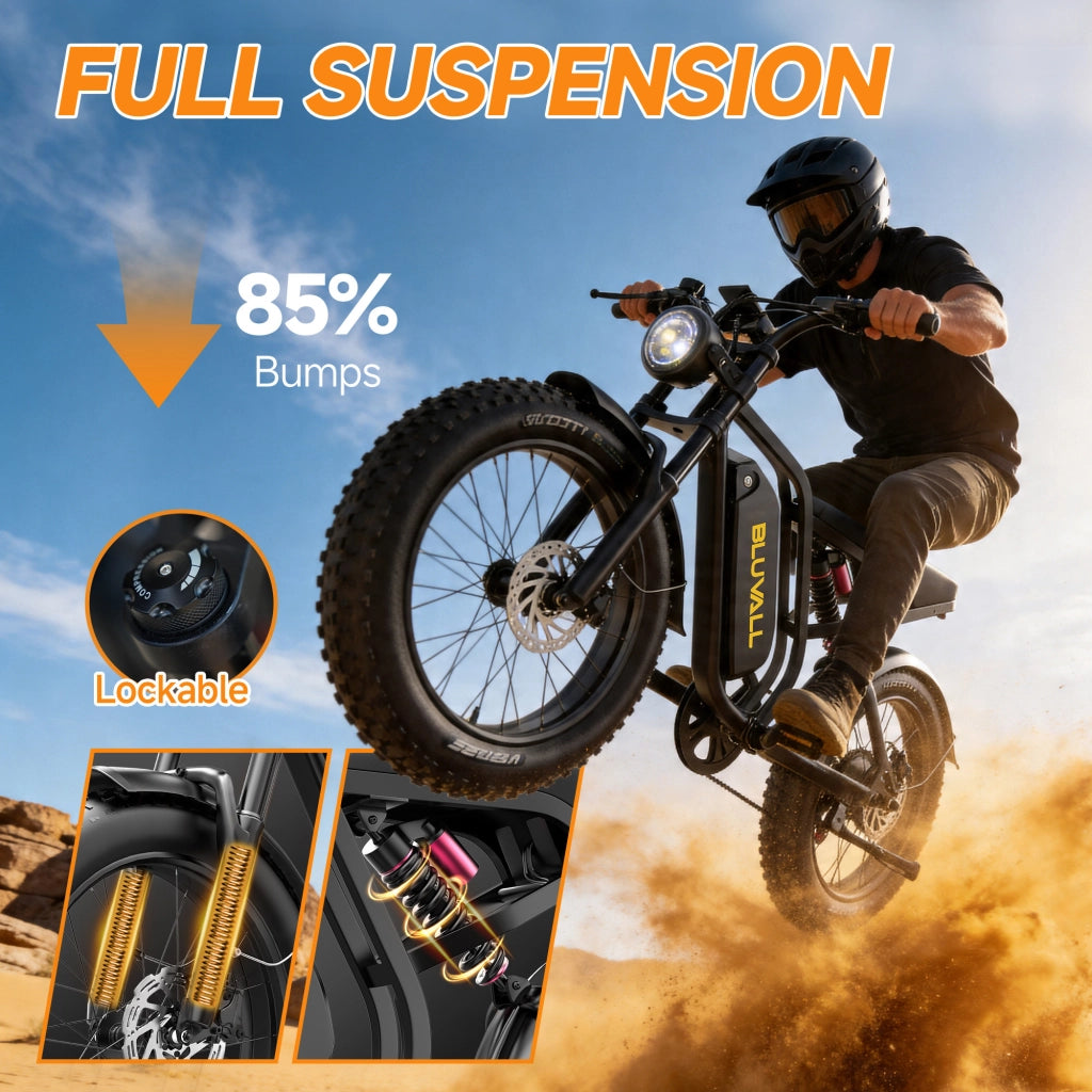 Bici Elettrica 20" Fat Bike 250W (Picco 1500W), Batteria 52V 20Ah Rimovibile con Serratura, Freni Idraulici + Doppia Sospensione Idraulica, Shimano 7 Marce, Bici per Citt¨¤ e Fuoristrada Portata 150kg