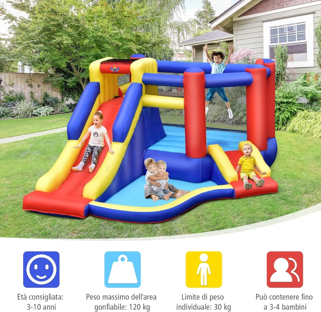 Castello Gonfiabile per Bambini, Casa Gonfiabile con Scivolo, Area per Saltare, Piscina, Parete per Arrampicarsi, con Borsa di Trasporto e Kit di Riparazione, per 4 Bambini di 3-10 Anni