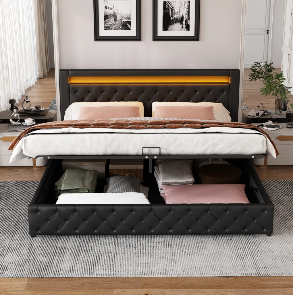 LETTO Imbottito 140x200 cm in PU Nero con LED e vano contenitore