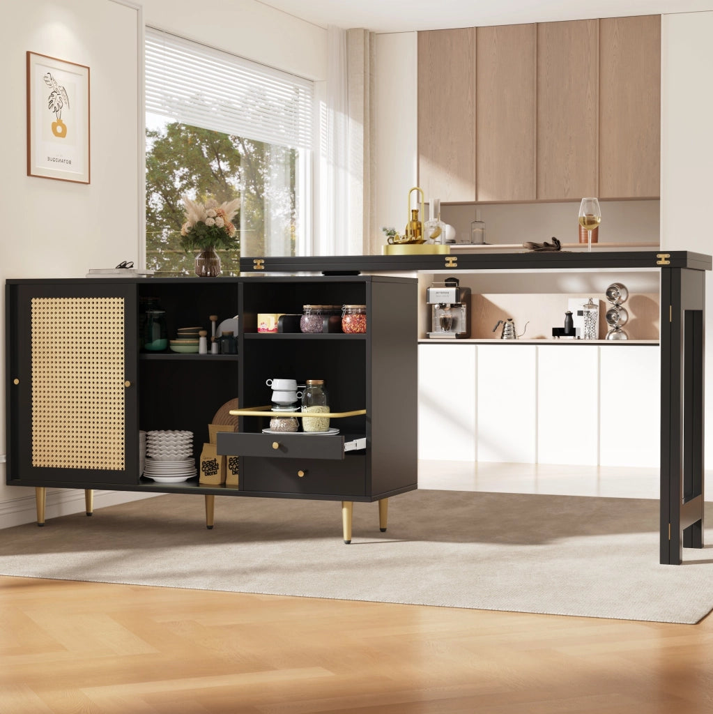 Tavolo bar girevole estensibile nero con mobile e ante in rattan