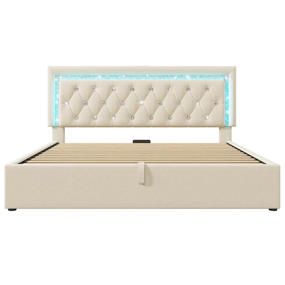 Letto imbottito-Xylo-160x200cm LED diamante USB-C idraulico velluto beige con materasso