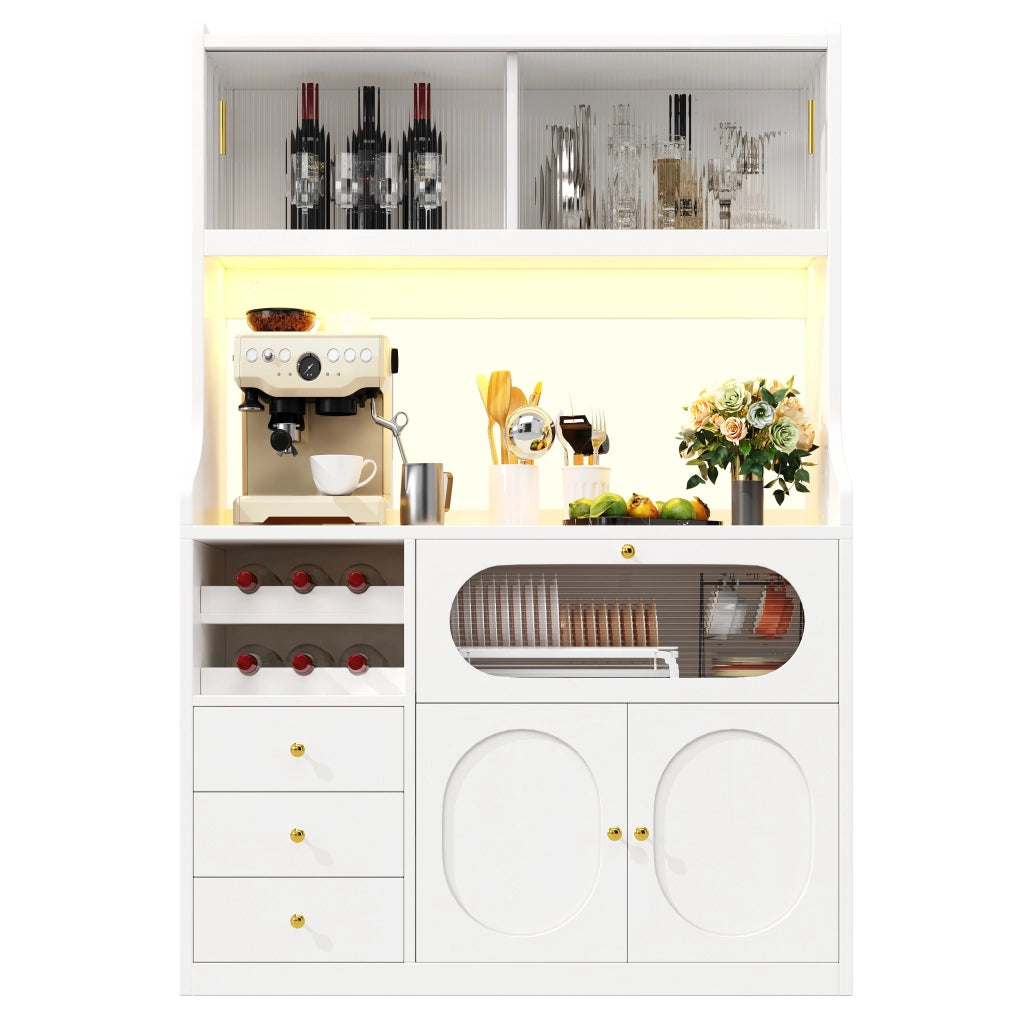 Credenza alta da cucina LED con 2 ante scorrevoli in vetro; 3 cassetti e ripiani regolabili; bianco; 120 × 40 × 180 cm