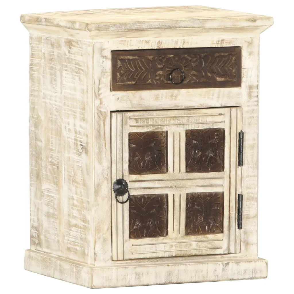 Comodino | Armadio da Notte | Mobiletto da notte Bianco 40x30x50 cm in Legno Massello di Mango