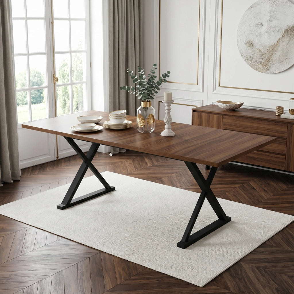 TAVOLO da pranzo 180 x 90 cm in MDF colore noce con gambe in metallo