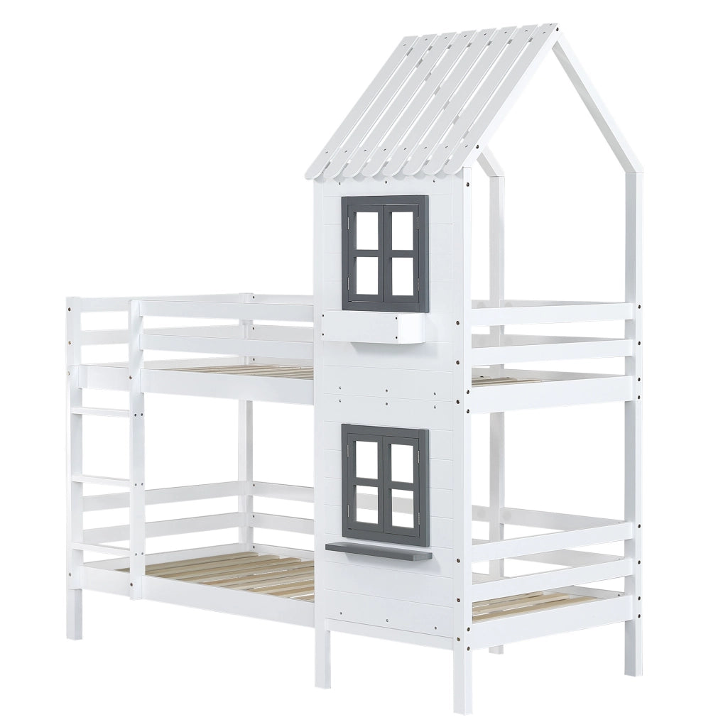 Letto a castello per bambini in pino bianco con ringhiera e finestra, 90x200 cm