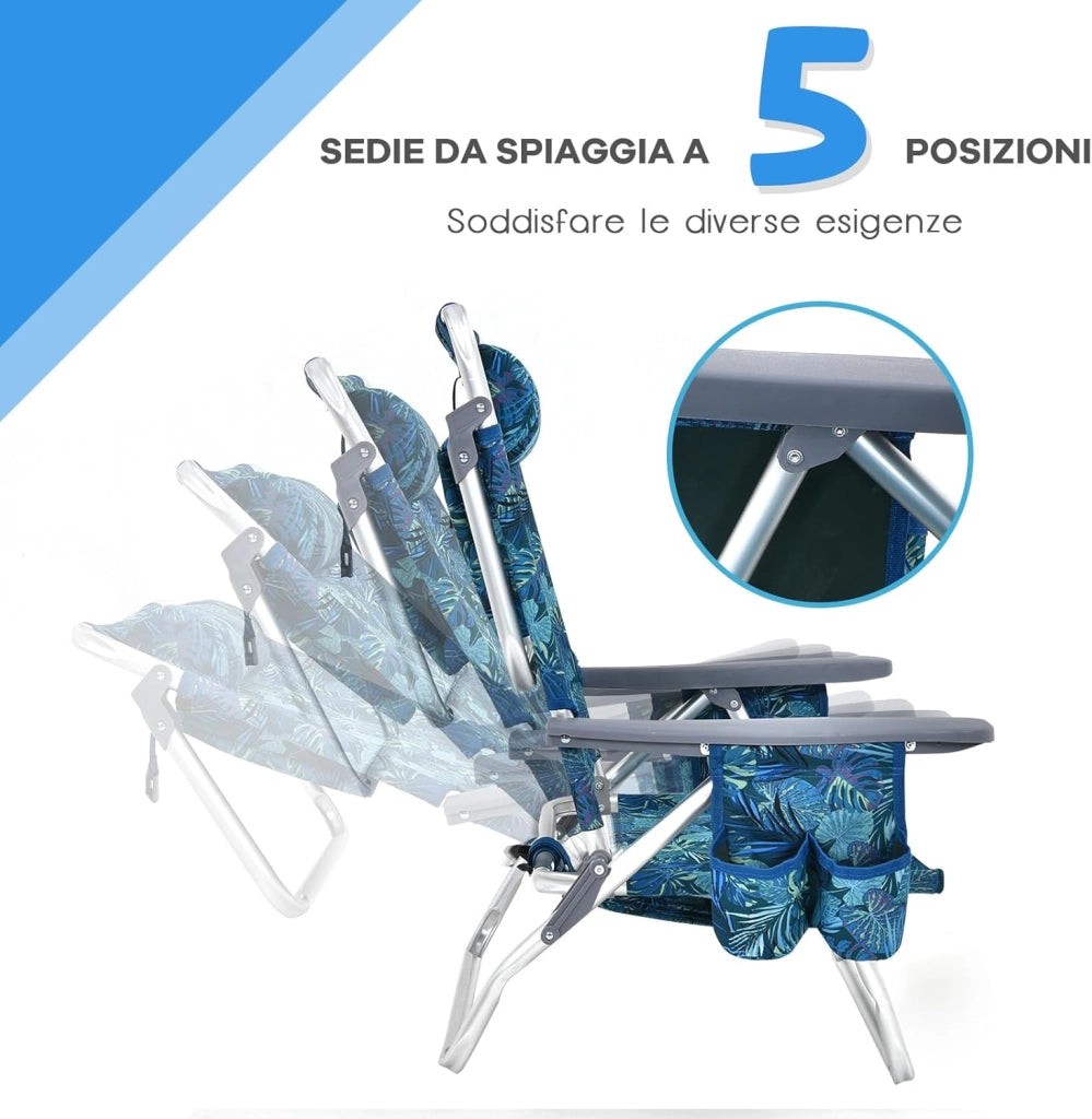 Set di 2 Sedie e Tavolino da Spiaggia Pieghevole, Schienale Regolabile a 5 Livelli, con Portatesta, Borsa Portaoggetti, Borsa Termica, per Campeggio Picnic Esterno (Blu Scuro, Modello 1)