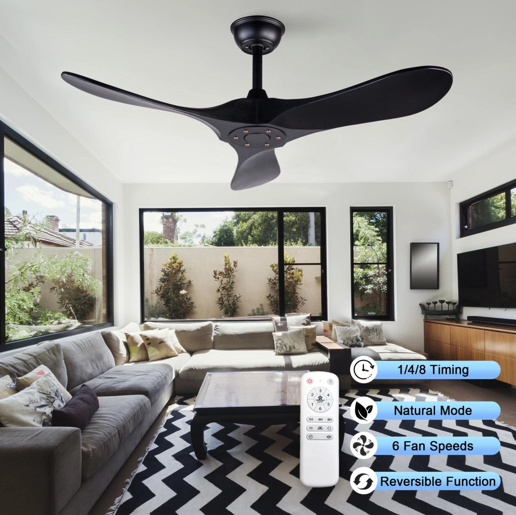 Ventilatore da soffitto 42 pollici nero senza luce; 3 pale in legno massello; con telecomando