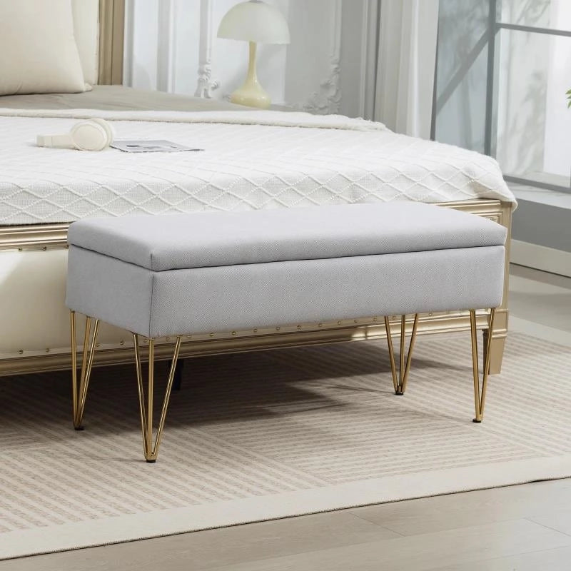PANCA FONDO LETTO CON CONTENITORE IN TESSUTO E GAMBE IN ACCIAIO, 100X40X49 CM, GRIGIO CHIARO