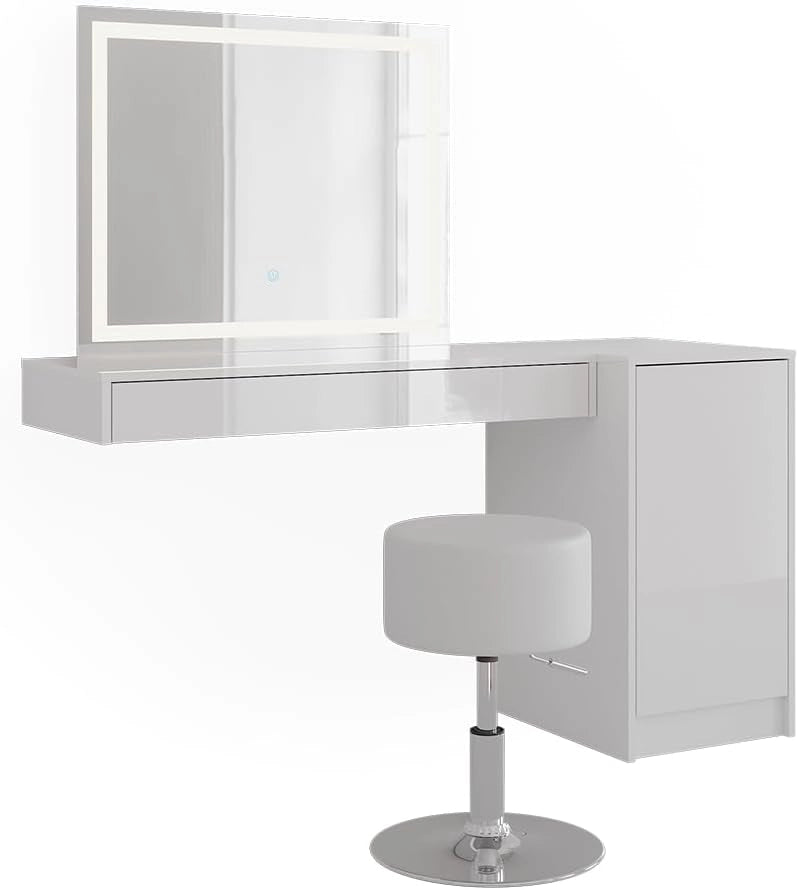 Tavolo da toeletta Sherry, Bianco, 100 cm 4 parti, con illuminazione LED e seduta imbottita per il montaggio