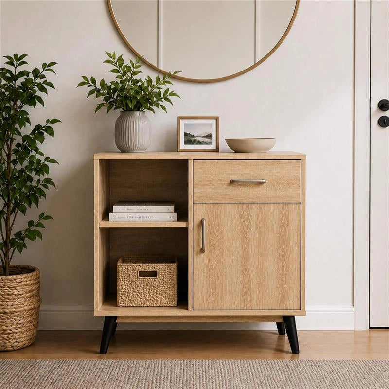 MOBILE MODERNO IN LEGNO CON 2 RIPIANI, 1 ANTA E CASSETTO COLORE ROVERE DIMENSIONI 94X38X74 CM