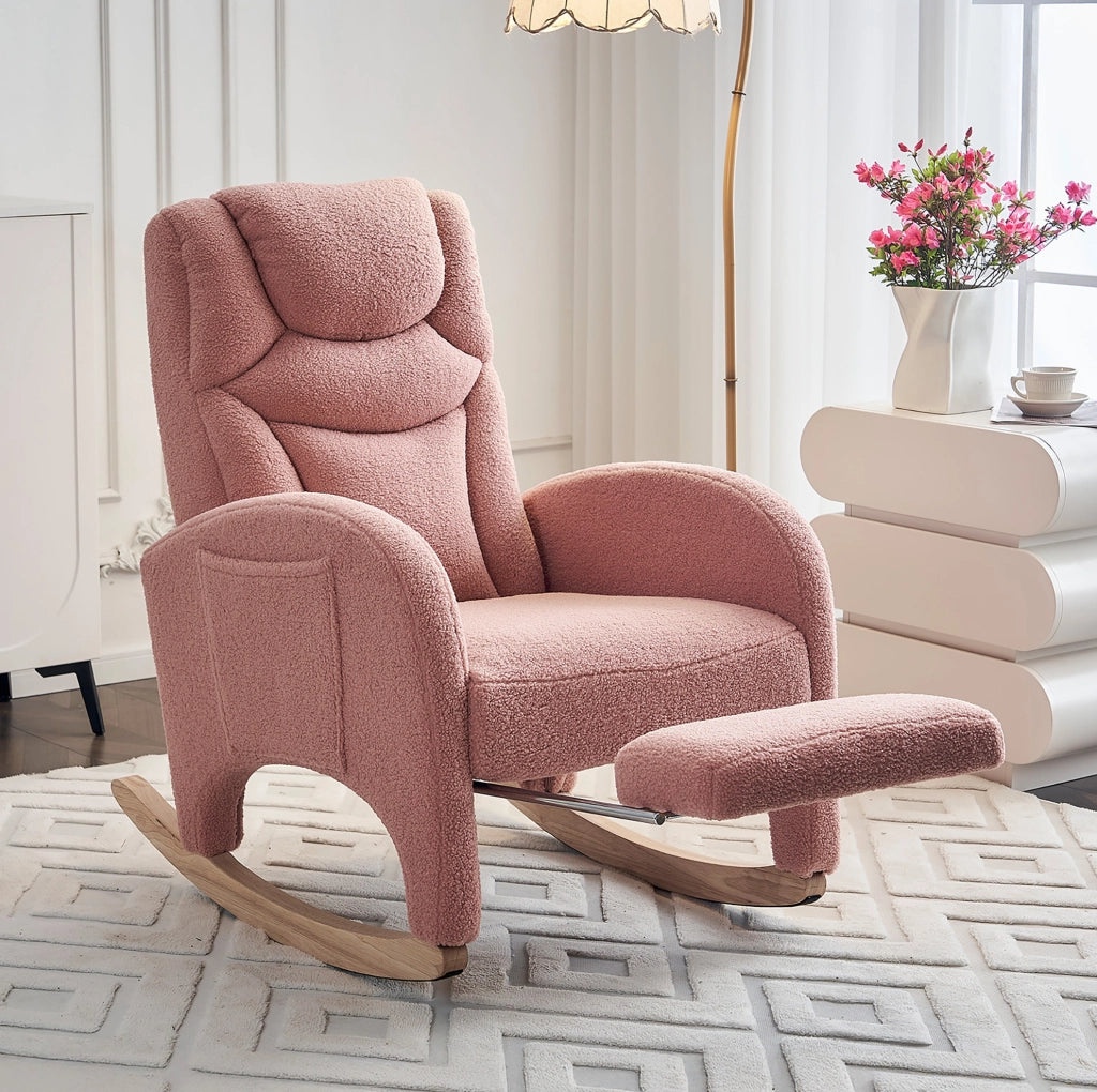 Sedia a dondolo 66x125x101 cm con poggiatesta e poggiapiedi pieghevole in teddy rosa