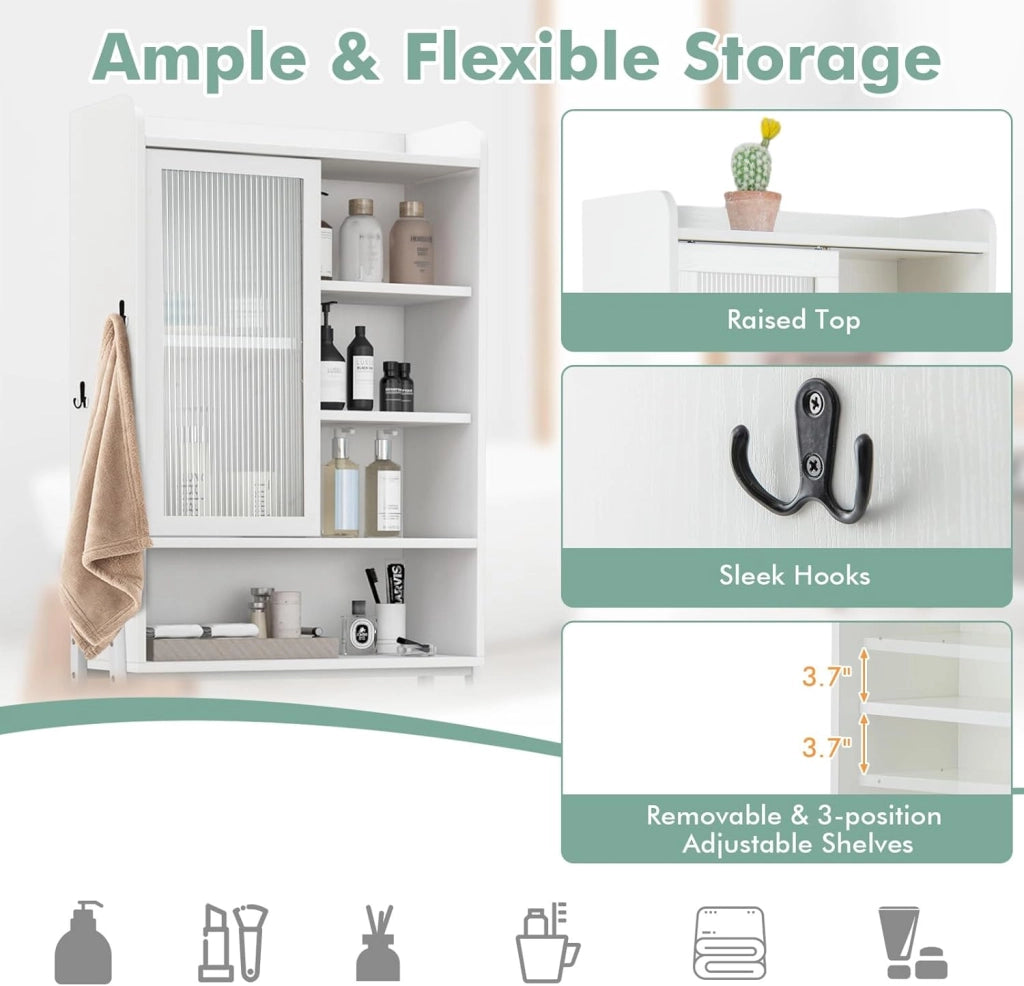 Scaffale da Bagno sopra WC, Mensola con Porta Scorrevole,3 Ripiani Regolabili in Altezza, Mobile Bagno con 2 Dispositivi Antiribaltamento e 2 Ganci (Bianco)