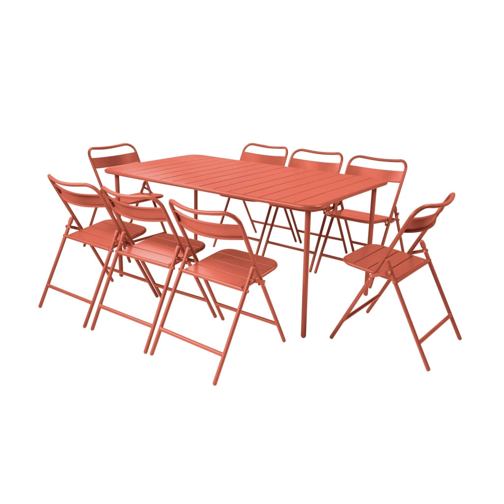 Set tavolo da giardino in acciaio con 8 sedie pieghevoli, 160cm,