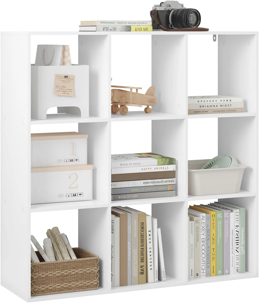 Libreria a 9 Cubi, Scaffale di Stoccaggio a 9 Cubi, Divisorio per Libreria, Mobile di Stoccaggio per Soggiorno e Ufficio, Bianco, 94x29,5x93 cm, SK047ws