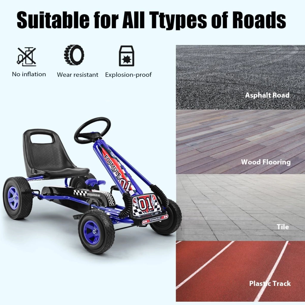 Go Kart a Pedali per Bambini, Macchina per Bambini con Sedili Regolabili in 2 Posizioni e 4 Ruote Antisdrucciolo, Carico 30 kg, per 3 Anni + (Blu, 101 X 61 X 62 CM)