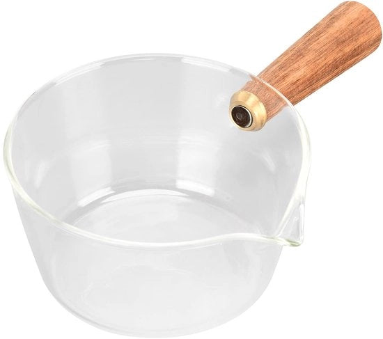 Bollitore a forma di V con uscita - Vetro borosilicato - Antitarsale - Maniglia in legno - 400 ml - Duraturo e resistente al calore - Bollitore per latte