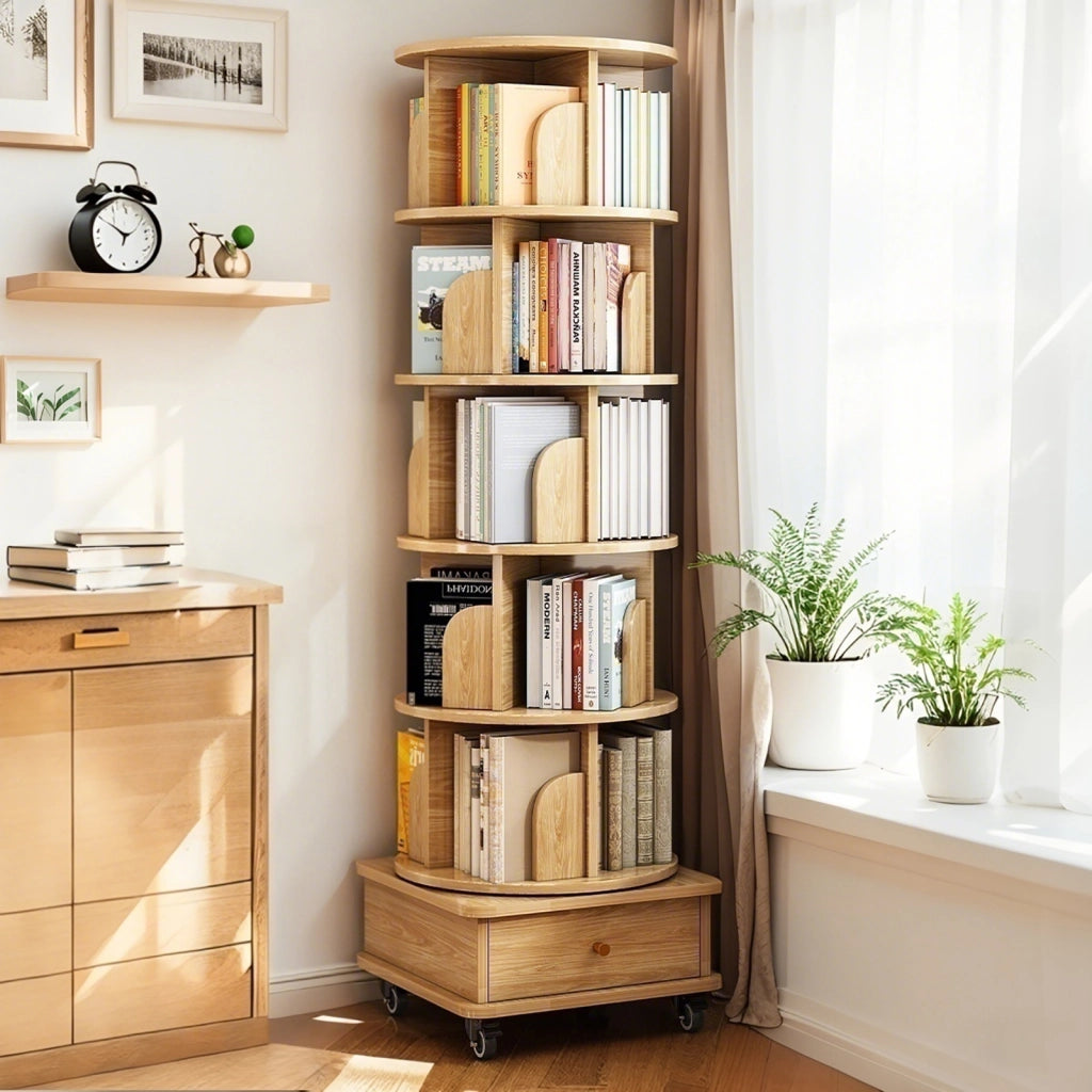 LIBRERIA Girevole 360° con cassetto e ruote 58x56x29 cm Colore legno MDF