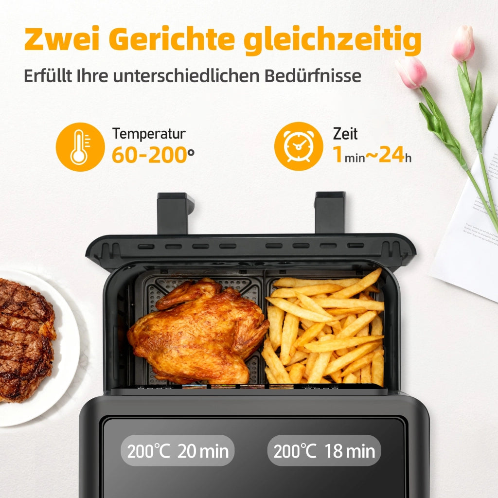 Friggitrice ad aria a camera singola/doppia da 8,5 litri, 12 programmi, con obl¨° di visualizzazione, 2 camere, touchscreen, temperatura massima 200¡æ