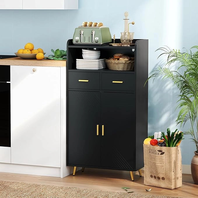 Mobiletto Bagno Salvaspazio 60 x 30 x 113 cm, Credenza Soggiorno con Ante, 2 Cassetti e Ripiano Regolabile, Armadietto da Cucina per Sala da Pranzo e Lavanderia (Nero)