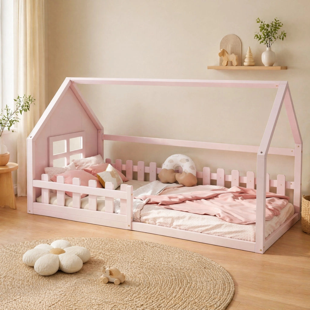 Letto per bambini a forma di casetta 90 x 200 cm, rosa