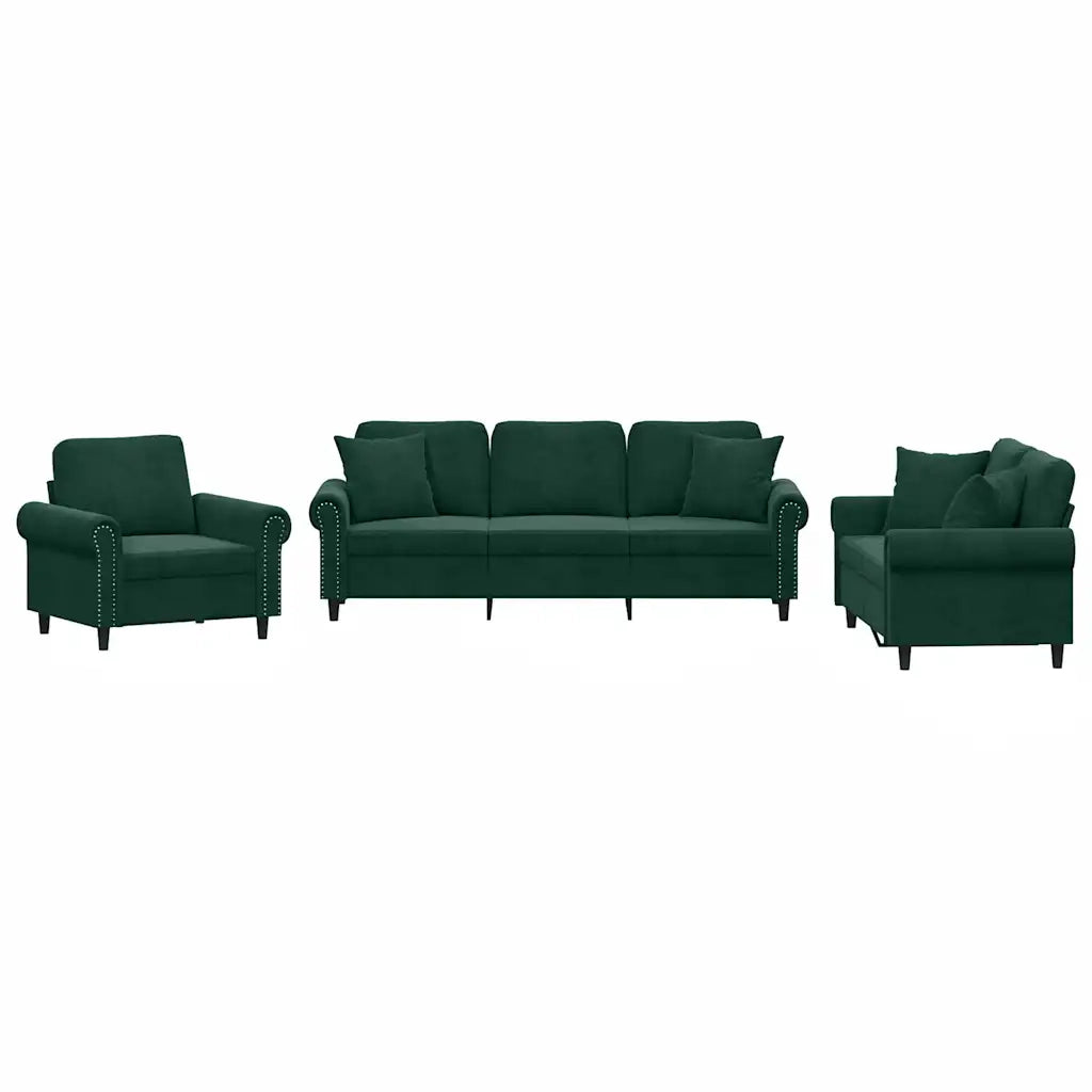 Set di Divani 3 pz con Cuscini Verde Scuro in Velluto